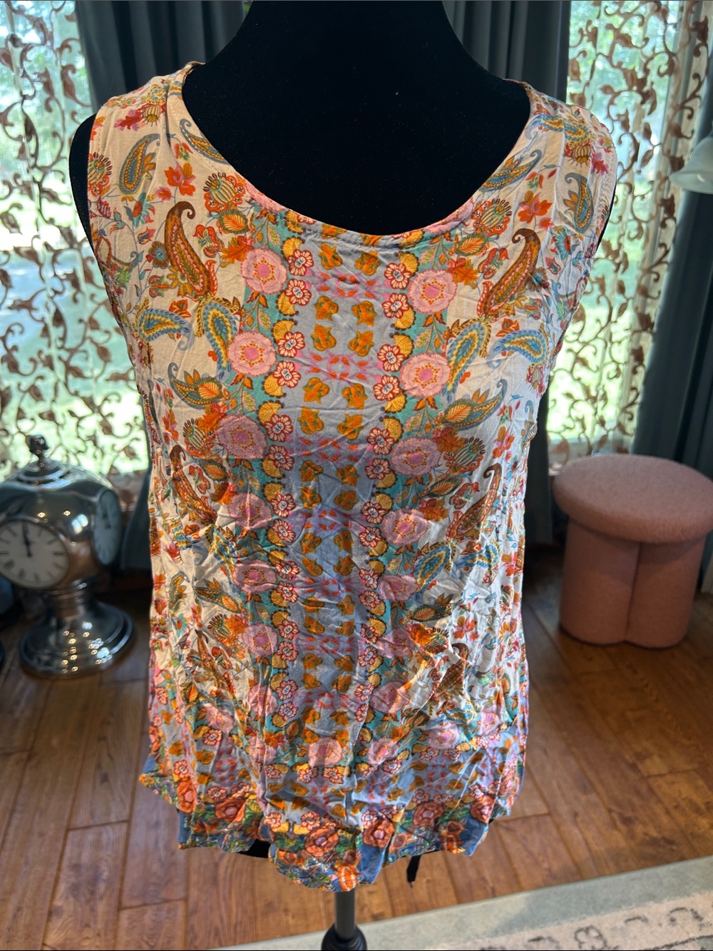 Floral Paisley Scoop Neck Tank Top - Pink & Teal